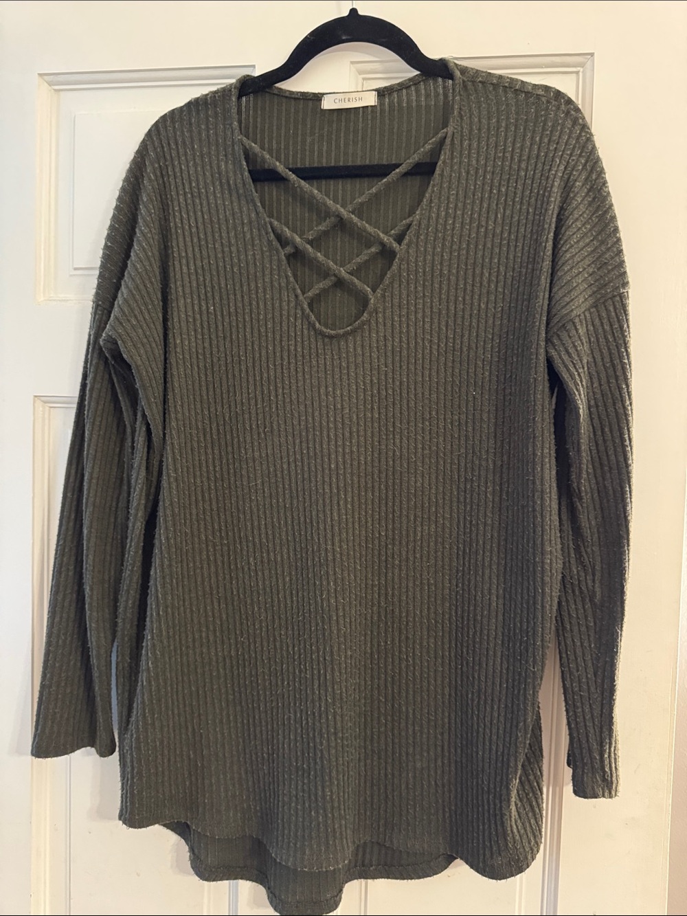Cherish Olive Ribbed Crisscross V-Neck Sweater Tunic